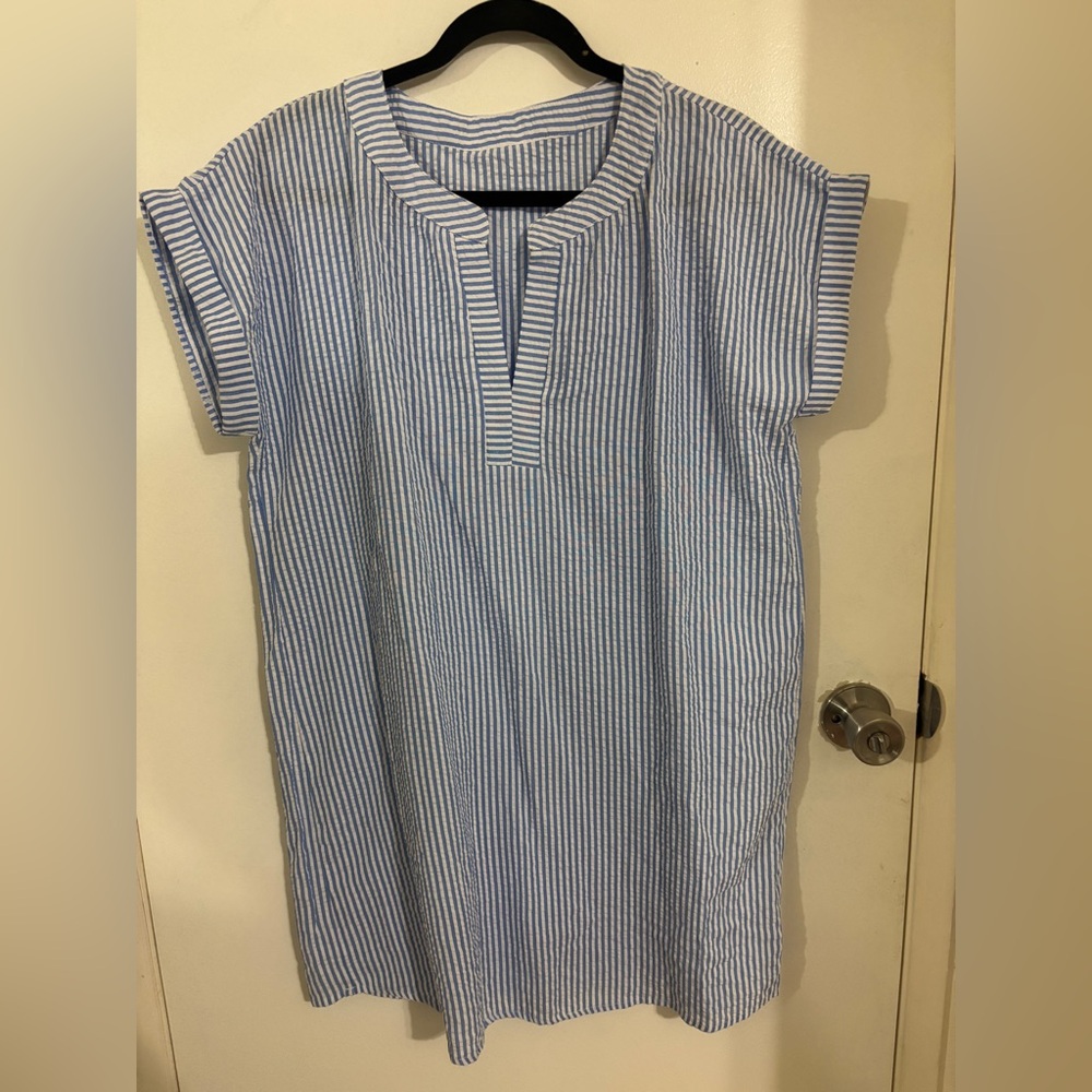 Cupshe Blue and White Boxy Tunic dress with Cuffed Cap Sleeves